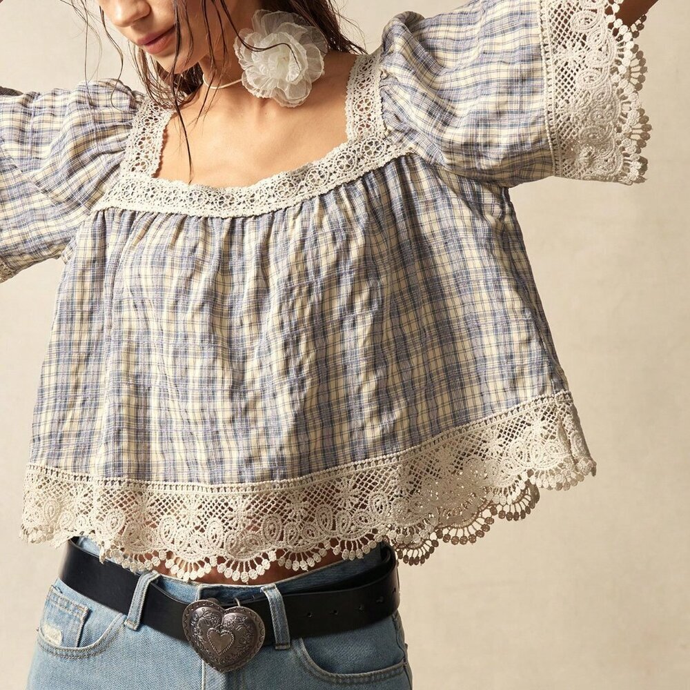 Multicolor Cute Women's Woven Plaid Square Collar Loose Short Sleeve Blouse